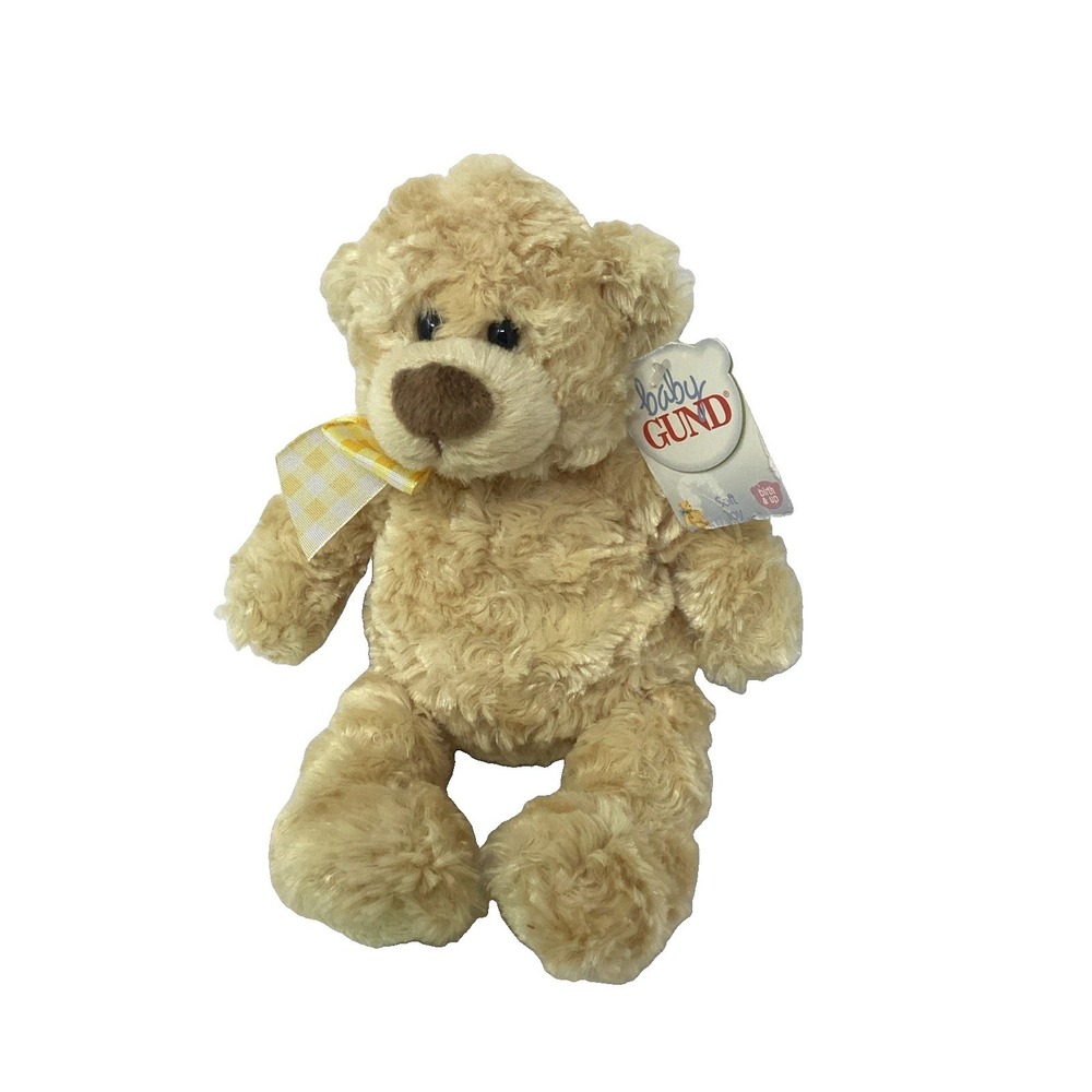 Baby Gund  Manny Teddy Bear Beige Bear  Yellow Checkered Bow 10"